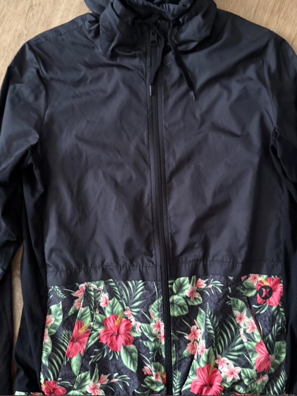 Hurley Black Hooded Utility Jacket with Tropical Floral Panel
